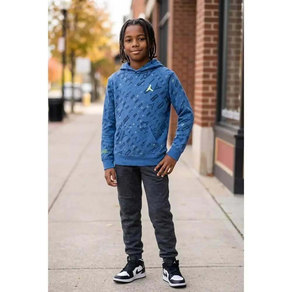 Jordan Blue All Over Print Jumpman Logo Hooded Sweatshirt Boys Size L